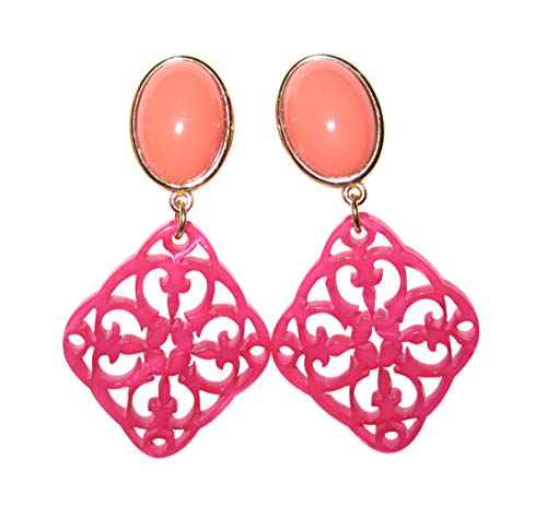 Opulent: Sehr große leichte Ohrstecker Ohrringe vergoldet Stein korall-rot Anhänger pink Statement Fashion Glamour Party Fest Geschenk Designer JUSTWIN von Mugello