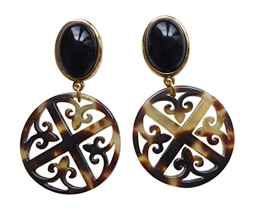 Opulent: Sehr große leichte Ohrstecker Ohrringe vergoldet Stein schwarz Anhänger braun Horn-Optik Statement Fashion Geschenk Designer JUSTWIN von Mugello