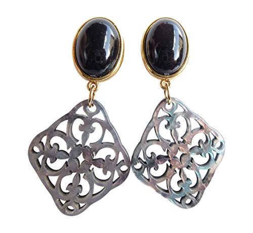 Opulent: Sehr große leichte Ohrstecker Ohrringe vergoldet Stein schwarz Anhänger grau Statement Fashion Geburtstag Geschenk Party Fest Designer JUSTWIN von Mugello