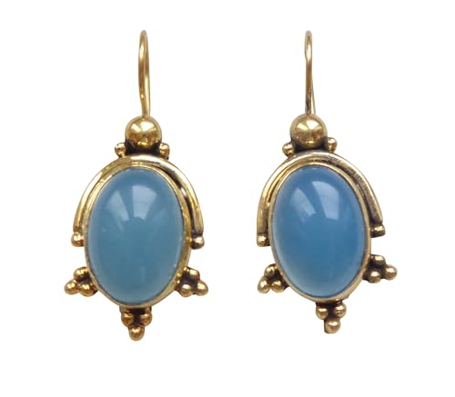 Ovale auffällige Chalzedon-Ohrringe blau groß Hänger Haken verschließbar Silber vergoldet Handarbeit Unikat Italien Geschenk für Frauen Retro Vintage von Mugello