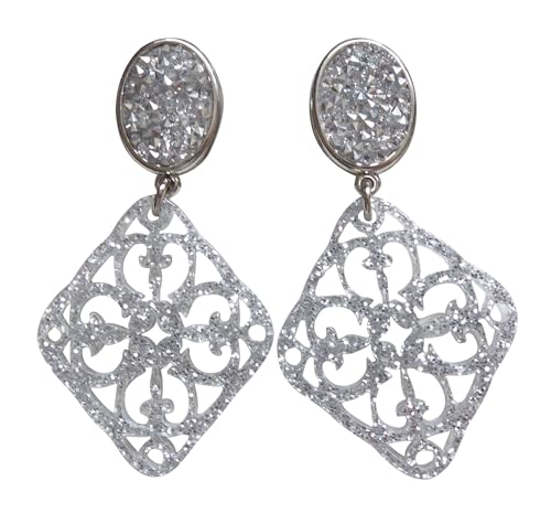 Perfekte Party-Ohrringe: Leichte sehr große Ohr-Clips silber-farben Stein Strass-Optik silber Glitzer Anhänger glitzernd festlich Ball Designer JUSTWIN von Mugello