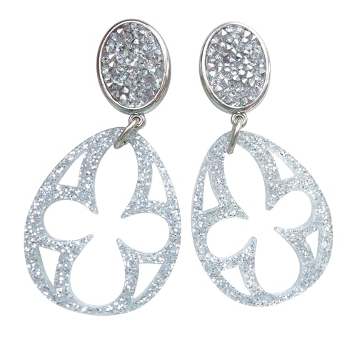 Perfekte Party-Ohrringe: Leichte sehr große Ohr-Clips silber-farben Stein Strass-Optik silber Glitzer Anhänger glitzernd festlich Ball Designer JUSTWIN von Mugello