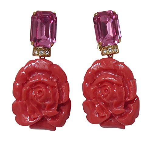 Sehr große Ohr-Clips vergoldet Stein pink Anhänger korall-rot Rosen-Form Statement Glamour Party Fest Geschenk Designer Geschenk JUSTWIN von Mugello