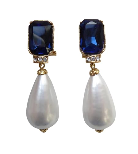 Sehr große Ohrstecker vergoldet Stein facettiert dunkel-blau Anhänger Perle weiß elegant Fest Party Braut Hochzeit Geburtstag Geschenk Designer JUSTWIN von Mugello