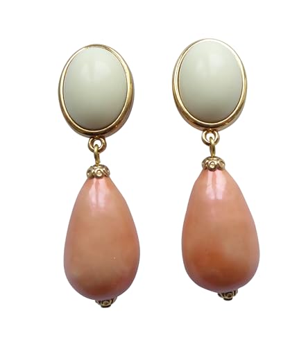 Sehr große leichte Ohr-Clips vergoldet Stein beige Anhänger Perle peach pfirsich-farben Tropfen Geschenk Fashion auffällig Statement Designer JUSTWIN von Mugello