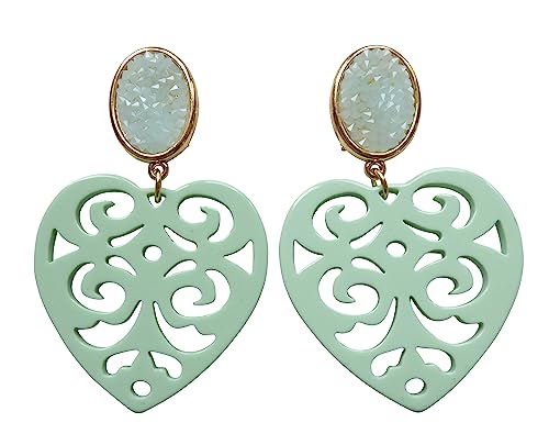 Sehr große leichte Ohr-Clips vergoldet Strass mint hell-grün herz-förmiger Anhänger Oktoberfest Dirndl Tracht Fest Designer Geschenk JUSTWIN von Mugello