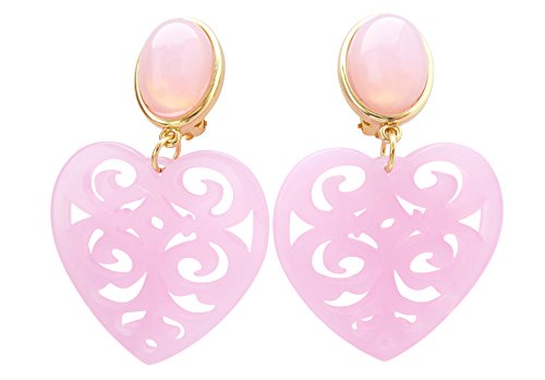 Sehr große leichte Ohr-Clips vergoldet rosa Stein herz-förmiger Anhänger Valentinstag Dirndl Tracht Statement Glamour Party Geschenk Designer JUSTWIN von Mugello