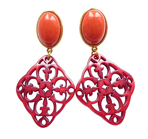 Sehr große leichte Ohrstecker Ohrringe vergoldet Stein korall-rot Anhänger rot Statement Glamour Fest Tracht Party Geschenk Geburtstag Designer JUSTWIN von Mugello