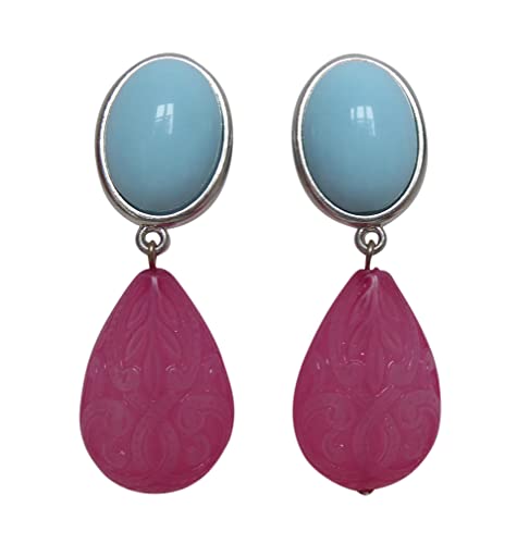 Sehr leichte große Ohrstecker Ohrringe silber-farben Stein hell-blau Anhänger pink Tropfen Ornamente Geschenk für Frauen Statement Designer JUSTWIN von Mugello