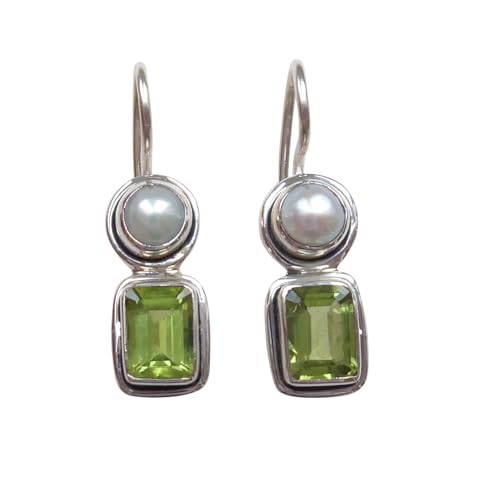 Stilvolle Peridot-Ohrringe grün echte Süßwasser-Perle Hänger Haken verschließbar Silber Retro Vintage Unikat Handarbeit aus Italien klassisch von Mugello