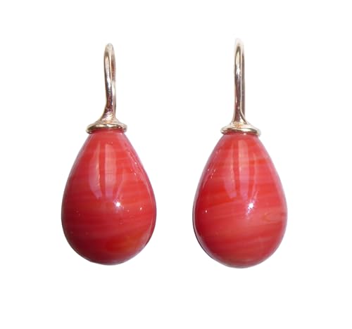 Stilvolle korall-rote Glas-Ohrringe Ohr-Hänger Tropfen-Ohrringe Bügel aus Sterling-Silber rotvergoldet Handarbeit Geschenk Designer Heide Heinzendorff von Mugello