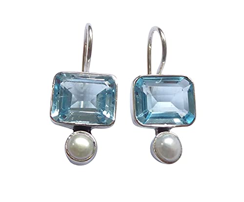 Topas-Ohrringe türkis-blau leuchtend echte Süßwasser-Perle Hänger Haken verschließbar Silber elegant Handarbeit Unikat Italien festlich Geschenk von Mugello