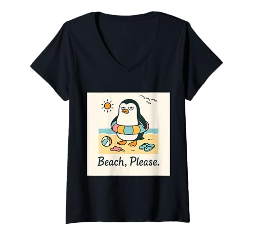 Damen Beach Please Lustiger Pinguin - Sommerurlaub Humor sarkastisch T-Shirt mit V-Ausschnitt von Mugen Fabrics