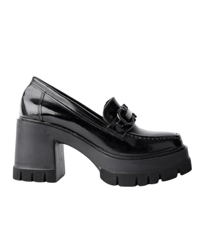 Muggo M2203 Damen-Freizeitschuhe mit dickem Absatz, runde Zehen, Metallschnalle, schwarzes Lackleder, EU-Schuhgrößensystem, Erwachsene, numerisch, Größe M, 38 von Muggo