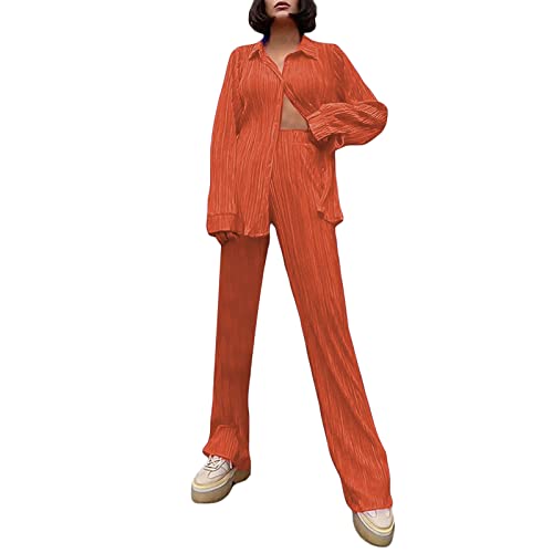 Damen 2 Stück Outfit Set Langarm Knopf unten plissiert Pullover Shirt Top und hohe Taille weites Bein Hosen Loungewear (Orange, Medium) von Mugoebu