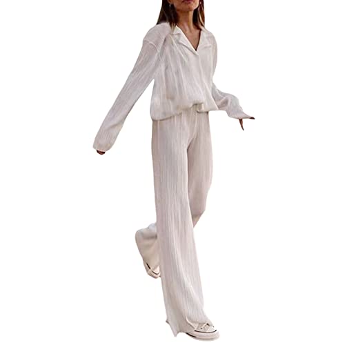 Damen 2 Stück Outfit Set Langarm Knopf unten plissiert Pullover Shirt Top und hohe Taille weites Bein Hosen Loungewear (White, Medium) von Mugoebu