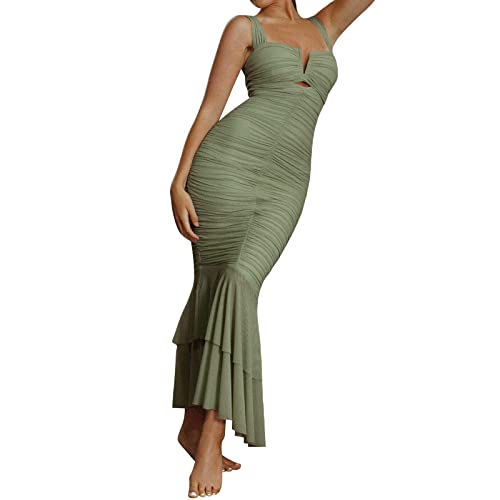 Damen Ärmelloses Gerafftes Bodycon-Kleid V-Ausschnitt Ausschnitt Meerjungfrau Fischschwanz Midikleid Spaghetti-Träger Quadratischer Ausschnitt Hohle Out Langes Kleid Y2K Streetwear (Green, M) von Mugoebu