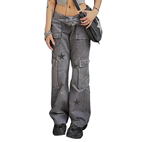 Damen Boyfriends Jeans Niedrige Taille Baggy Denim-HosenGerade Hose mit weitem Bein Y2k Loose Fit Hose Hose Streetwear (Grey#1, L) von Mugoebu