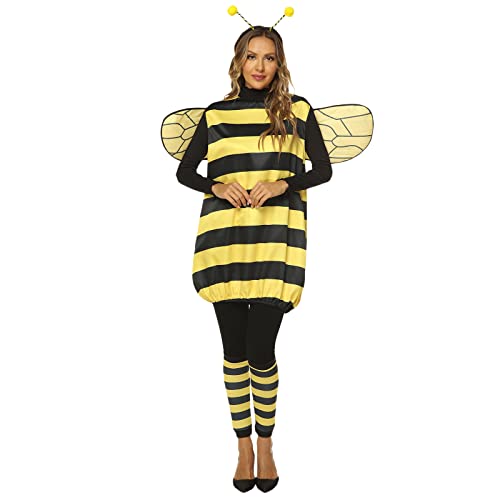 Damen Cosplay -Kostüm -Set 4 Bild Bienenkostüm Kit Bumblebee Kostüm mit Kopfschmuck+gestreiftes Top+Wings+Socken (Yellow Adults, Large) von Mugoebu