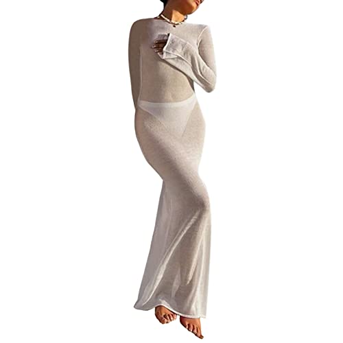 Damen Durchsichtiges Netz Langarm Bodycon Maxikleid Rückenfrei See Through Club Nacht Out Kleider Strand Cover Up (White, L) von Mugoebu