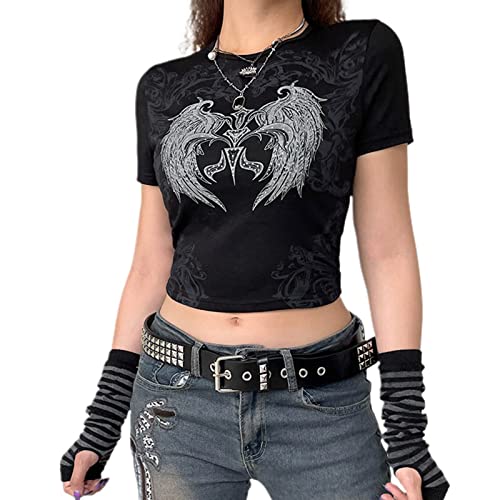 Damen Girls Y2K Vintage Star Grafikabdruck Crops Kontrastfarbe Fairy Grunge Kurzarm T-Shirts Ästhetische Harajuku Streetwear (Black#2, S) von Mugoebu