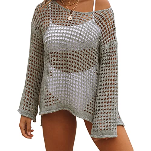 Damen Langarm Häkelstrick Top Aushöhlen Loch Zerrissener Pullover Pullover Cover Ups Netzpullover 90er E-Girl Streetwear Shirt (S-Gray Green, XL) von Mugoebu