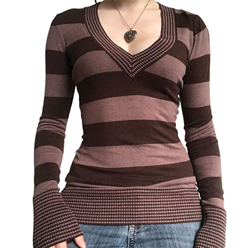 Damen Langarm gestreift gestrickt Crop Top Vintage V Hals T-Shirt Slim Fit Harajuku Bluse Top Y2K 90s Shirts Streetwear (Brown, S) von Mugoebu