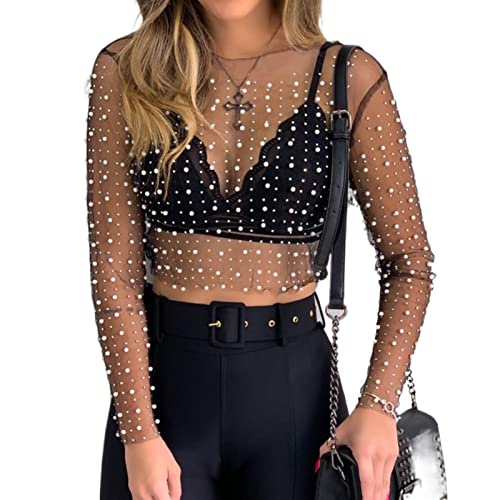 Damen Perle Strass T-Shirt Schiere Mesh sehen durch Langarm Crop Top Bluse Perlen Perlen Strand Cover Up (E-Black, L) von Mugoebu