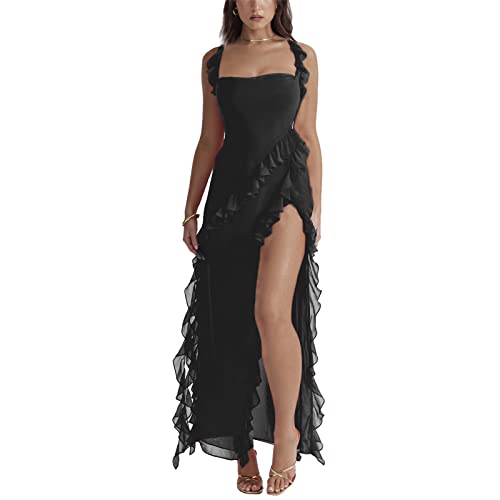 Damen Sexy Ruffle Tassels Split Kleid ärmellos 3D Floral Unregelmäßiger Saum Kleider Sheer Mesh Spaghetti Strap Backless Maxi Dress (Black, S) von Mugoebu