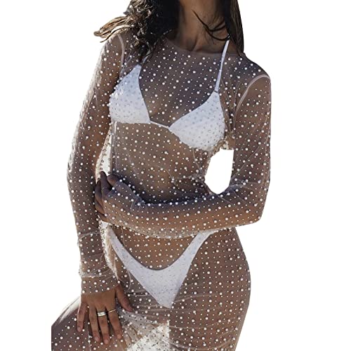 Damen Sexy See Through Mesh Pearl Beach Bikni Badeanzug Langarm Strass Cover Up Hollow Out Midi Dress (White, L) von Mugoebu