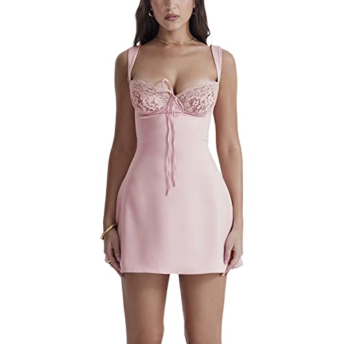 Damen Sexy Spitze Minikleid Spaghettiträger Quadratischer Ausschnitt A-Linie Satinkleid Bodycon Rückenfreie Spitze Gerüschte Party Club Cami Kleid (Pink, S) von Mugoebu