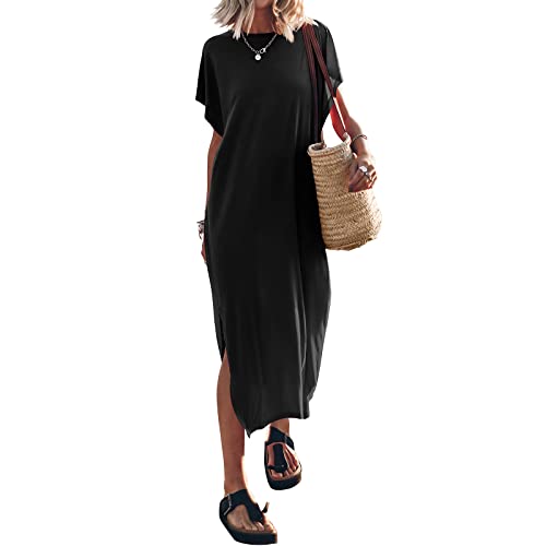 Damen Sommer Maxi Kleid Kurze Ärmel lässig lose Lange Strand geteilt Kleider Crewneck Batwing Ärmel T-Shirt Kleid (Black, XL) von Mugoebu