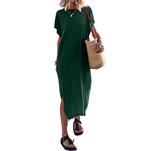 Damen Sommer Maxi Kleid Kurze Ärmel lässig lose Lange Strand geteilt Kleider Crewneck Batwing Ärmel T-Shirt Kleid (Dark Green, S) von Mugoebu