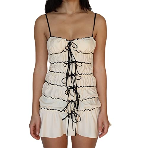 Damen Spaghettiträger Bodycon Minikleid Sling Ärmellos Spitze Rüschen Durchsichtiges Sommerkleid Y2K Gerafftes Partykleid (Beige, M) von Mugoebu