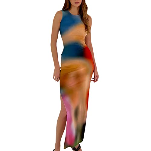 Damen Tie Dye Print Bodycon Maxi Kleid Ärmelloses Rundhalsausschnitt Slim Fit Langes Kleid Sexy Split Tank Kleid Club Party Y2k Retro Kleid (Colorful, Medium) von Mugoebu