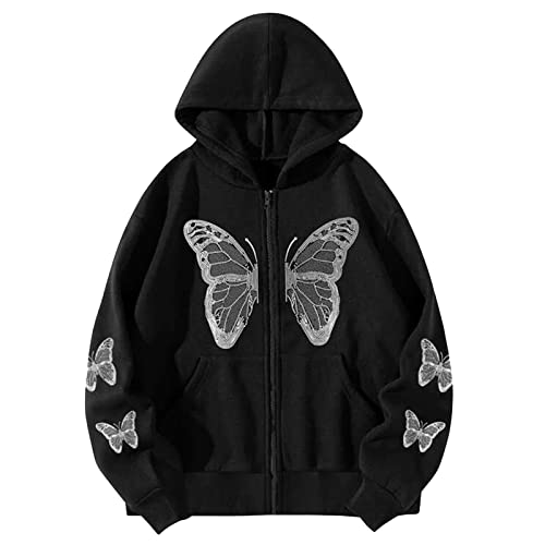 Damen Übergroßer Hoodie Sweatshirt, Reißverschluss-Up-Jacke Vintage Butterfly Print Hoodie Langarm 90s Y2K E-Girl Coat Jacke (Black, Medium) von Mugoebu