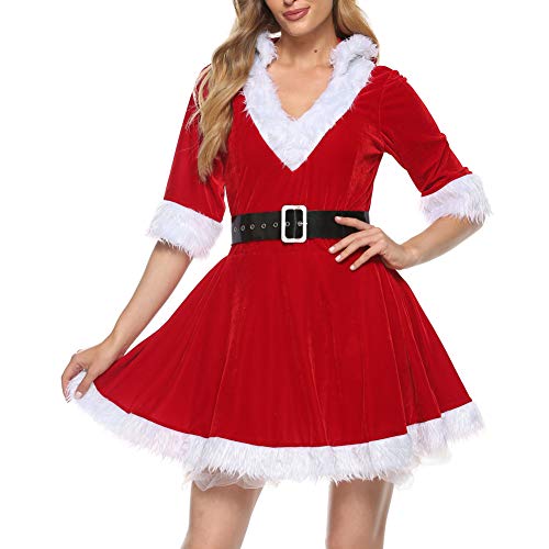 Damen Weihnachtsmann Kostüm Mrs. Claus Weihnachtskostüm Santa Dress Red Velvet Hoodie Weihnachtskleid Sexy Lady Cosplay Anzug (Red, M) von Mugoebu