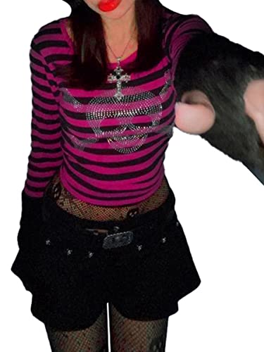 Damen Y2K Gothic Punk Schädel Crop Top E-Girls 90s Goth Vintage Langarm T-Shirt Grafikdruckstraße (Pink, Large) von Mugoebu