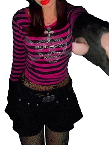 Damen Y2K Gothic Punk Schädel Crop Top E-Girls 90s Goth Vintage Langarm T-Shirt Grafikdruckstraße (Pink, Small) von Mugoebu