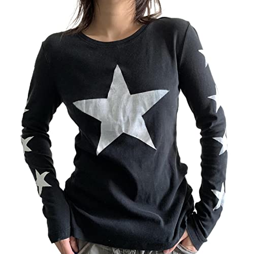 Damen Y2K Graphic Crop Top Harajuku Star Print Langarmshirt Rundhals Pullover Grunge Ästhetisches T-Shirt Y2K 90er Streetwear (B, M) von Mugoebu