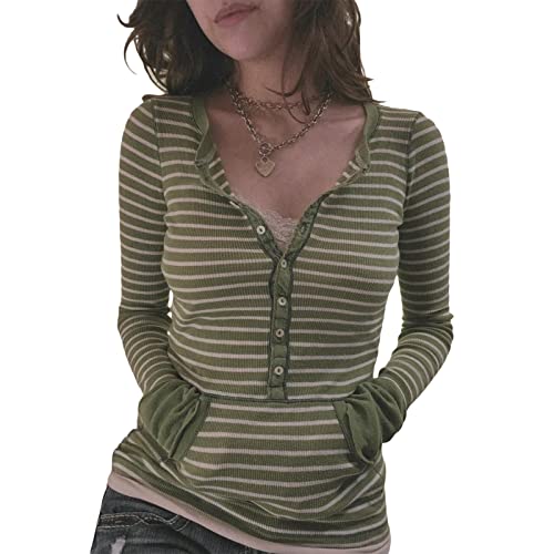 Damen Y2K Vintage gestreifte Hemden Langarm gerippt lässig V Hals Button Down Slim Solid Basic Strick Tunika Top Bluse (Green, S) von Mugoebu