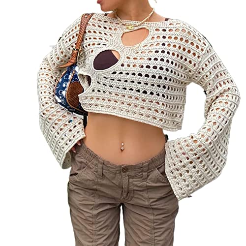 Damen Y2K gehäkelter Pullover mit Achselzucken Stricken Sie langärmlige Crop-Tops Bolero-Vertuschungen Aushöhlen Strickpullover T-Shirt Streetwear (Beige#3, M) von Mugoebu