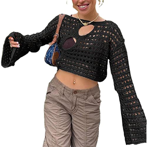 Damen Y2K gehäkelter Pullover mit Achselzucken Stricken Sie langärmlige Crop-Tops Bolero-Vertuschungen Aushöhlen Strickpullover T-Shirt Streetwear (Black#3, S) von Mugoebu