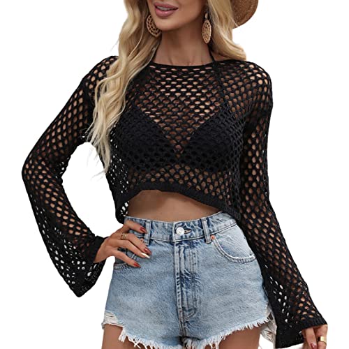 Damen Y2K gehäkelter Pullover mit Achselzucken Stricken Sie langärmlige Crop-Tops Bolero-Vertuschungen Aushöhlen Strickpullover T-Shirt Streetwear (Z-Black#1, S) von Mugoebu