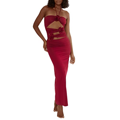 Damen Y2k Neckholder Maxikleid V-Ausschnitt Unregelmäßig Rüschen Kleid Ärmellos Fransen Ausgeschnitten Langes Kleid Sexy Hollow Out Kleider (Red, S) von Mugoebu