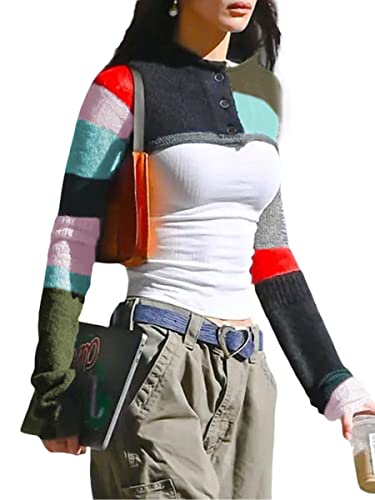 Damen Y2k Strick Langarm Shrug Crop Top Cut Out Crochet Bolero Tops Durchsichtiger Pullover Harajuku Vintage Streetwear (Multi-Color, Medium) von Mugoebu