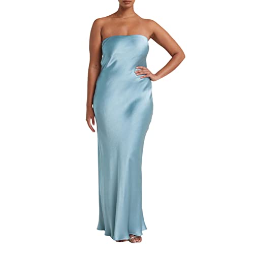 Damen von Schulter Satin Tube Kleid von Schulter trägerloser Maxikleider sexy ärmellose niedrig geschnittene Körpercon Midi Kleid Rückenfreies Cocktail Abend Formales Kleid (Light Blue, Small) von Mugoebu