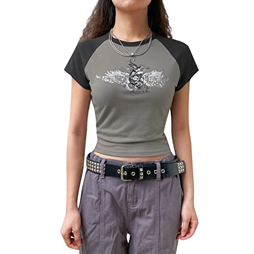 Gothic-Shirt für Damen, Langarm, Vintage-Kreuzdruck, Crop-Top, Rundhalsausschnitt, ästhetisch, schmal, Kurze Bluse, T-Shirt, Grunge-Kleidung (Black#1, S) von Mugoebu