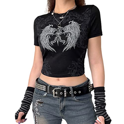 Gothic-Shirt für Damen, Langarm, Vintage-Kreuzdruck, Crop-Top, Rundhalsausschnitt, ästhetisch, schmal, Kurze Bluse, T-Shirt, Grunge-Kleidung (Black#2, S) von Mugoebu