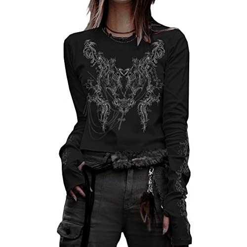 Gothic-Shirt für Damen, Langarm, Vintage-Kreuzdruck, Crop-Top, Rundhalsausschnitt, ästhetisch, schmal, Kurze Bluse, T-Shirt, Grunge-Kleidung (C, Medium) von Mugoebu